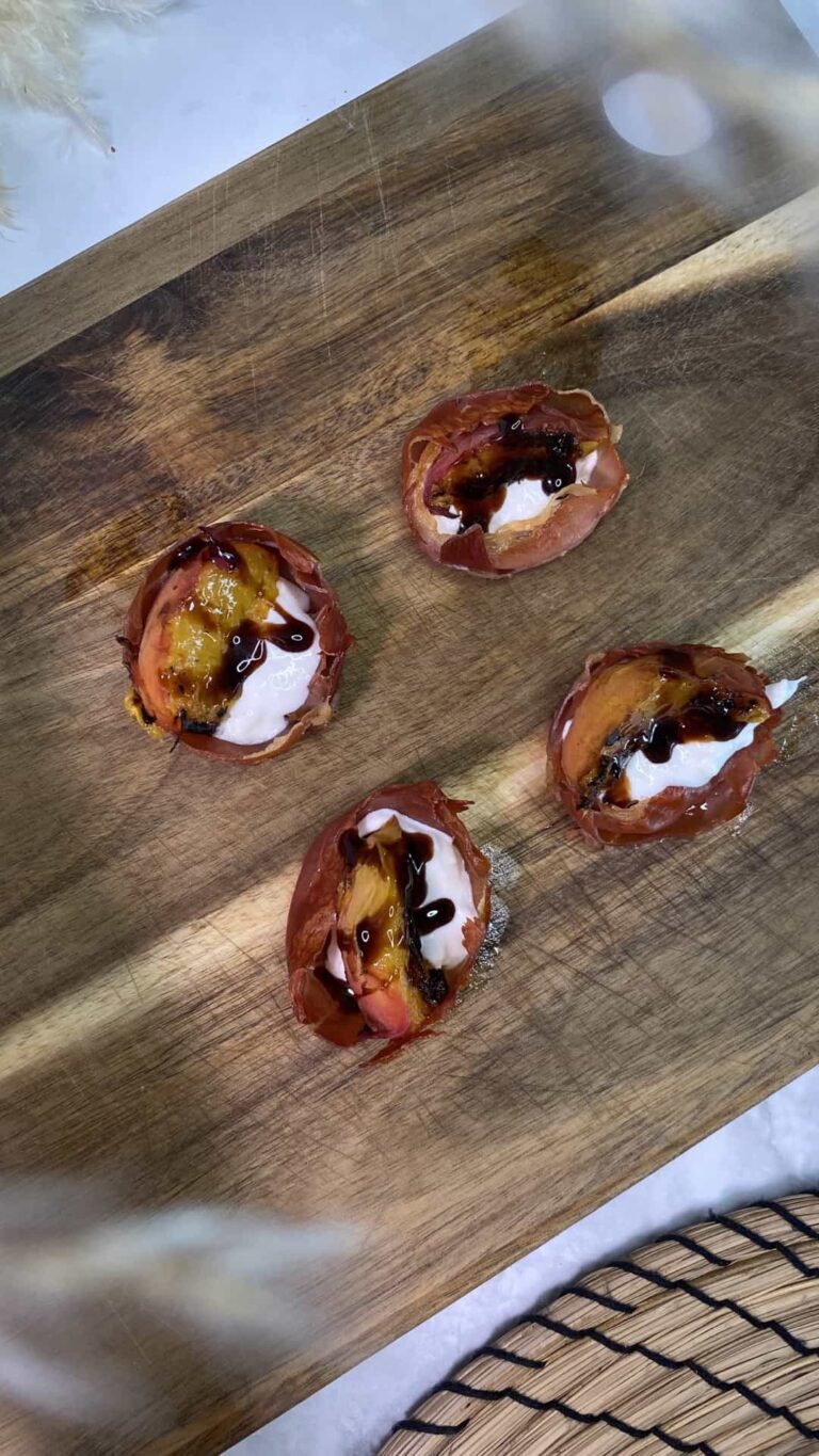 Roasted Peaches And Burrata Prosciutto Cups